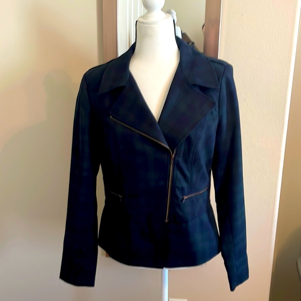 Cabi Black-watch plaid zipper jacket